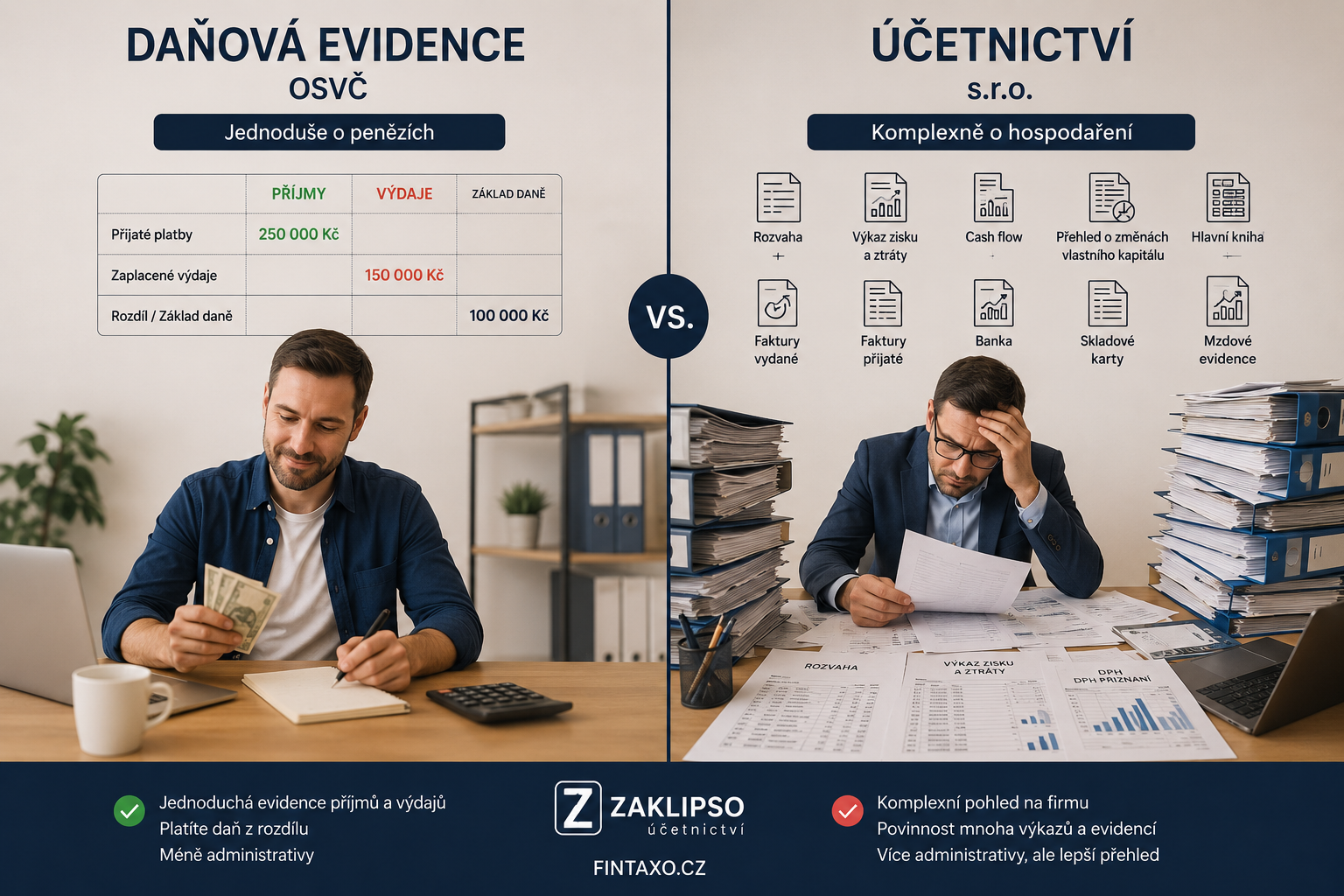 Porovnání daňové evidence OSVČ a podvojného účetnictví s.r.o.