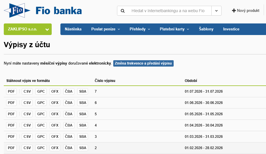 Ukázka stažení bankovního výpisu ve Fio bance – dostupné formáty PDF, CSV, GPC, OFX, ČBA a SBA