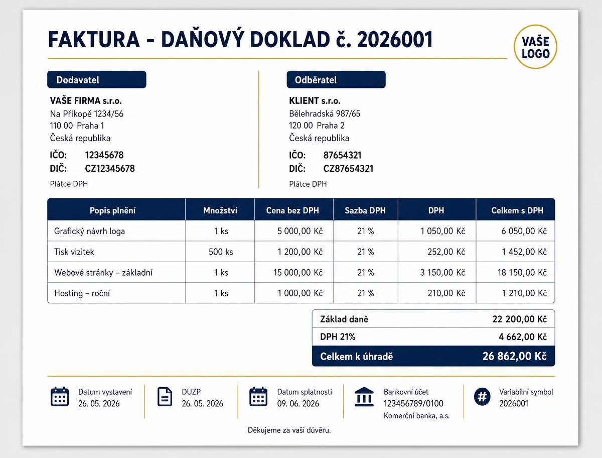 Vzor faktury plátce DPH s DIČ, DUZP, základem daně, sazbou a výší DPH